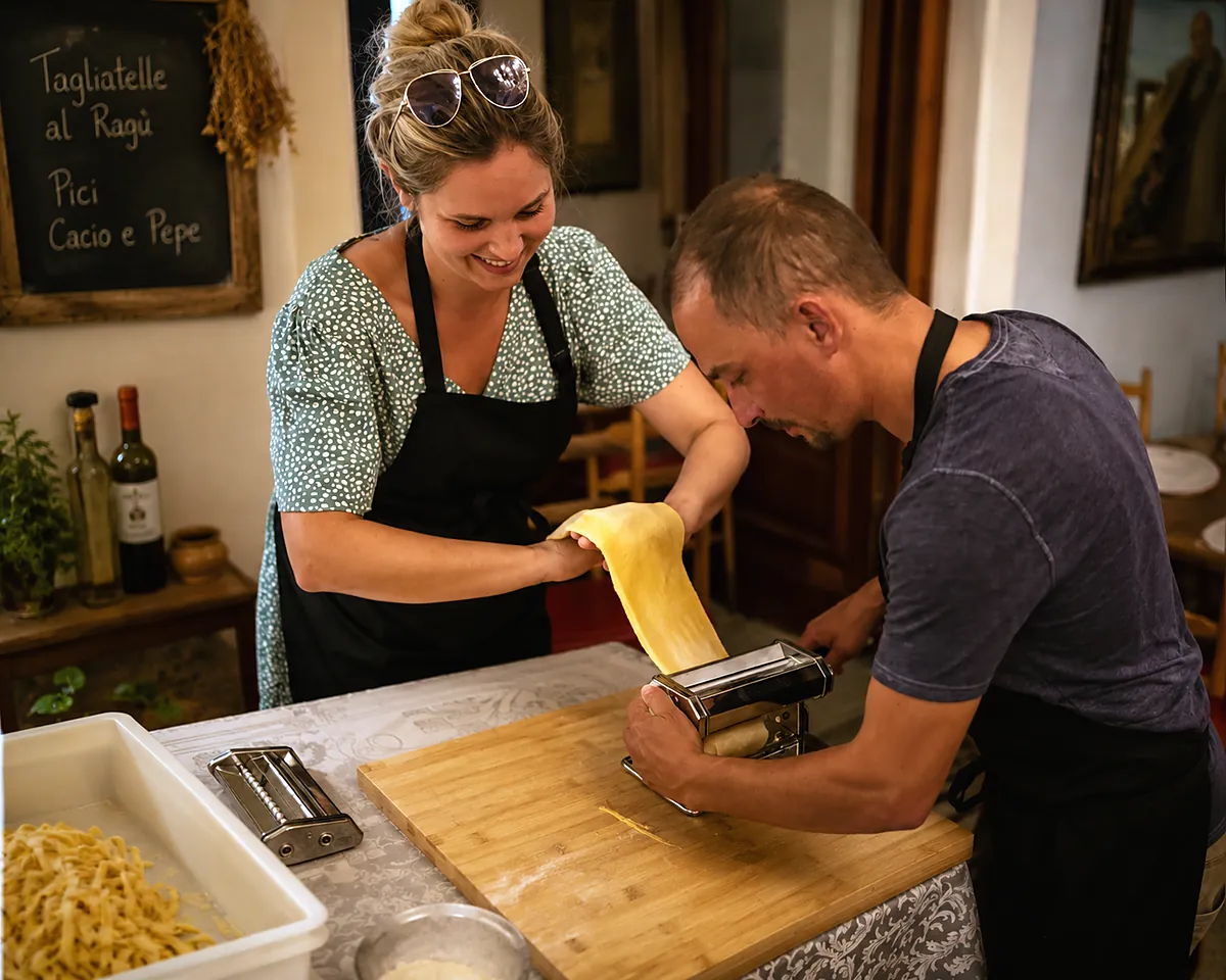 Guests rolling fresh pasta with the machine