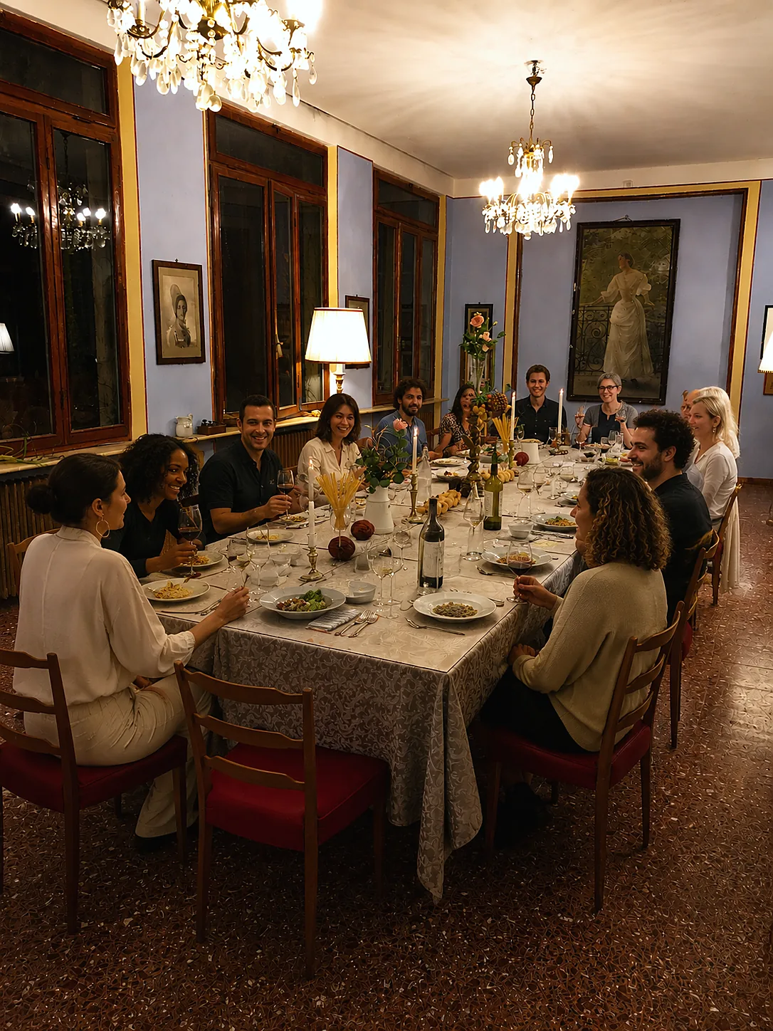 Guests at dinner in the historic hall
