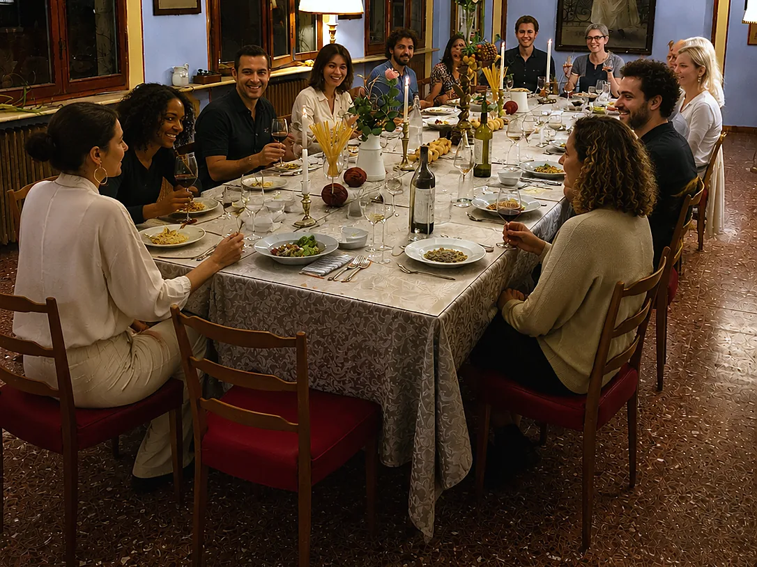 Guests sharing dinner at one long table in the historic hall of the Royal Victoria Hotel